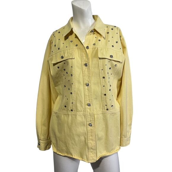 Saint Germain Paris Vtg Women's 2 Piece Pant Suit Button Up Bling Yellow Sz M - Picture 1 of 16
